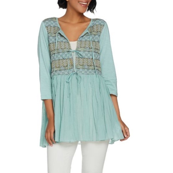 LOGO Lori Goldstein Lavish Aqua Embroidered Beaded Tie Front Tunic Top Sz XS - Picture 1 of 13